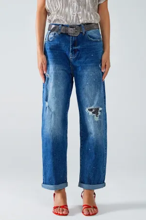Straight Distressed Jeans With Paint Stains Details