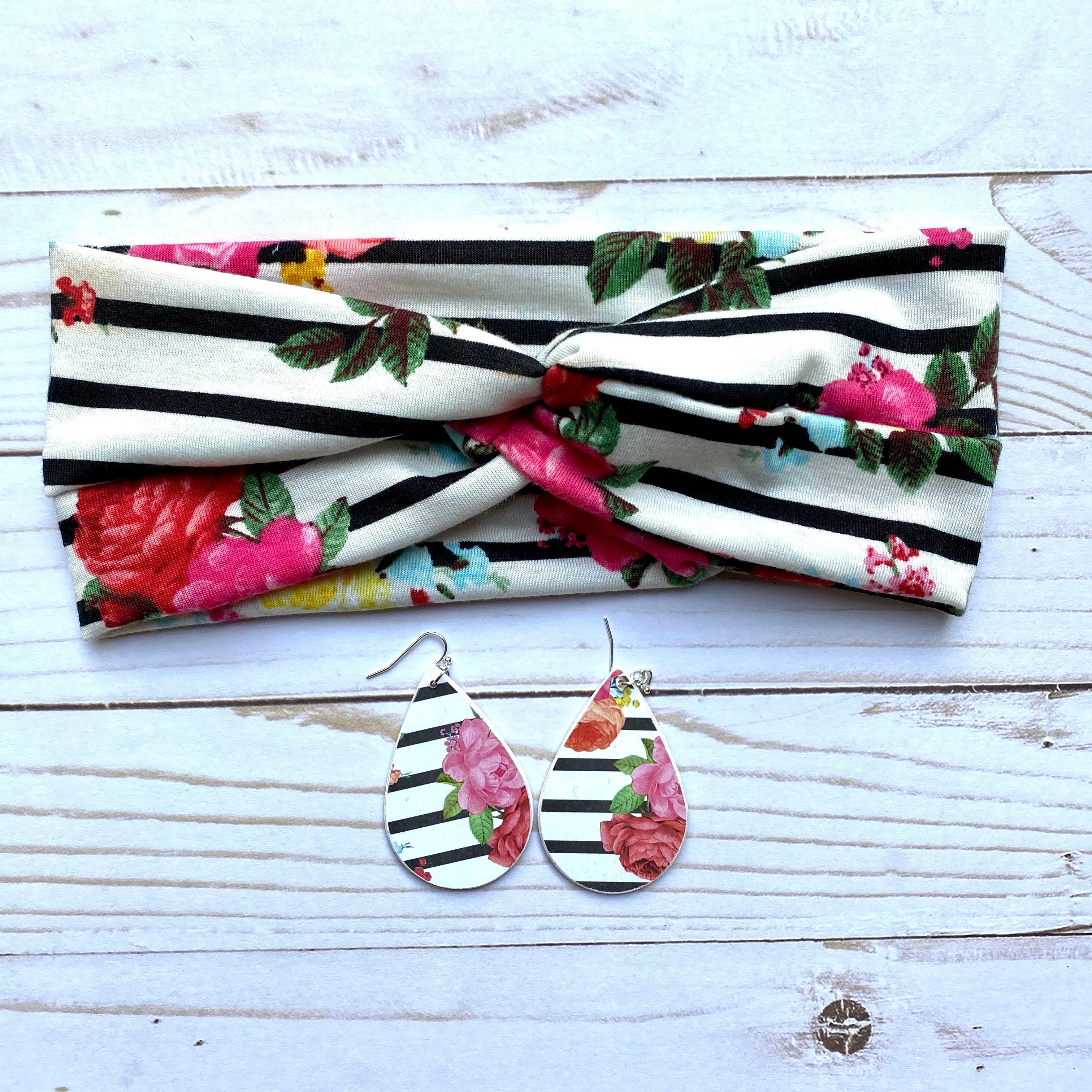 Striped and Floral Wood Earrings
