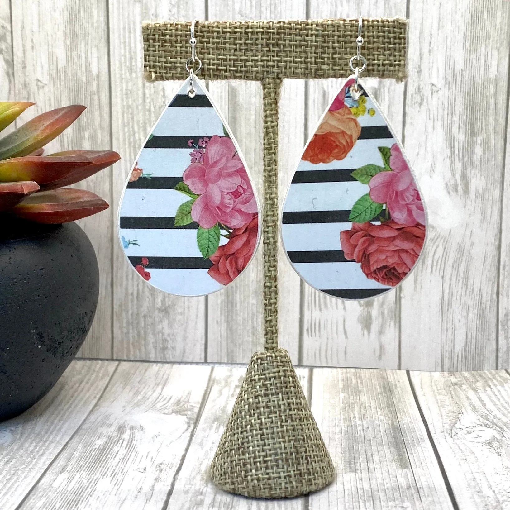 Striped and Floral Wood Earrings