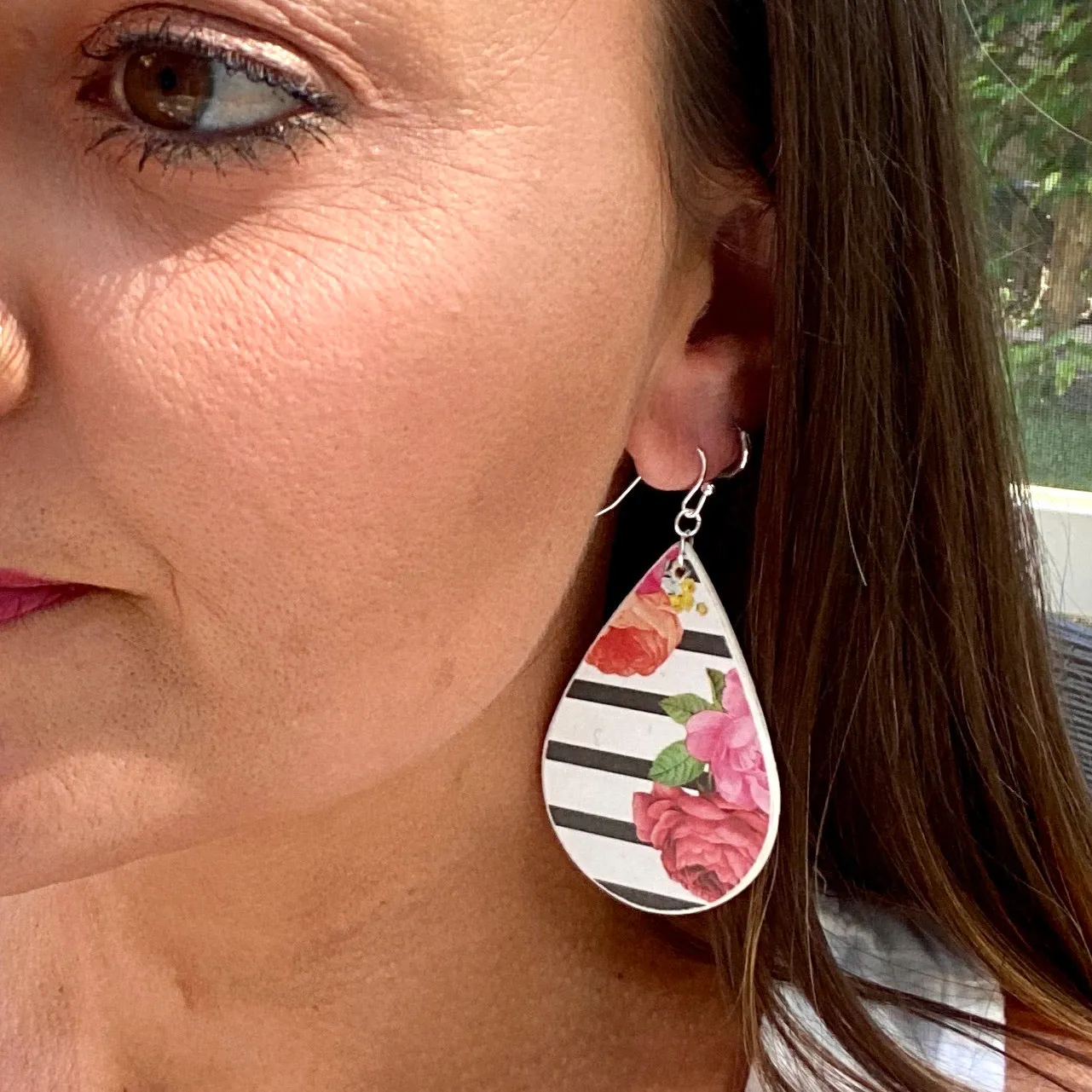 Striped and Floral Wood Earrings