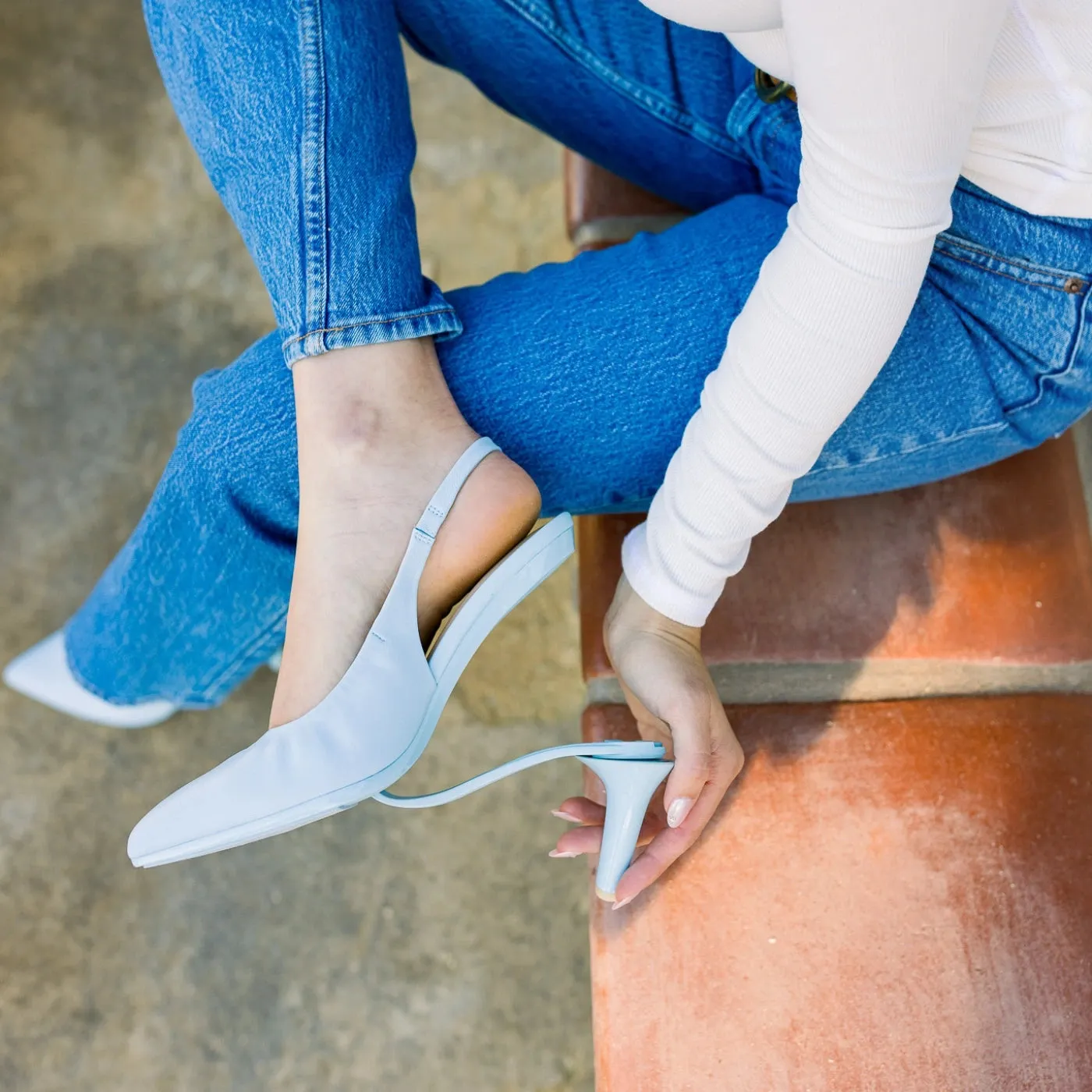 The Slingback - Baby Blue Leather 3 Block