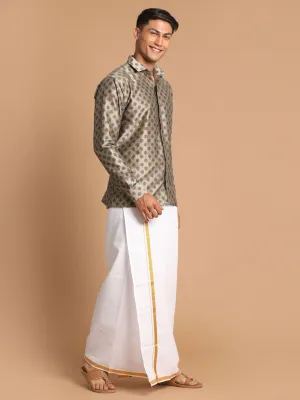 VASTRAMAY Men's Brown Silk Blend Printed Shirt And Mundu Set