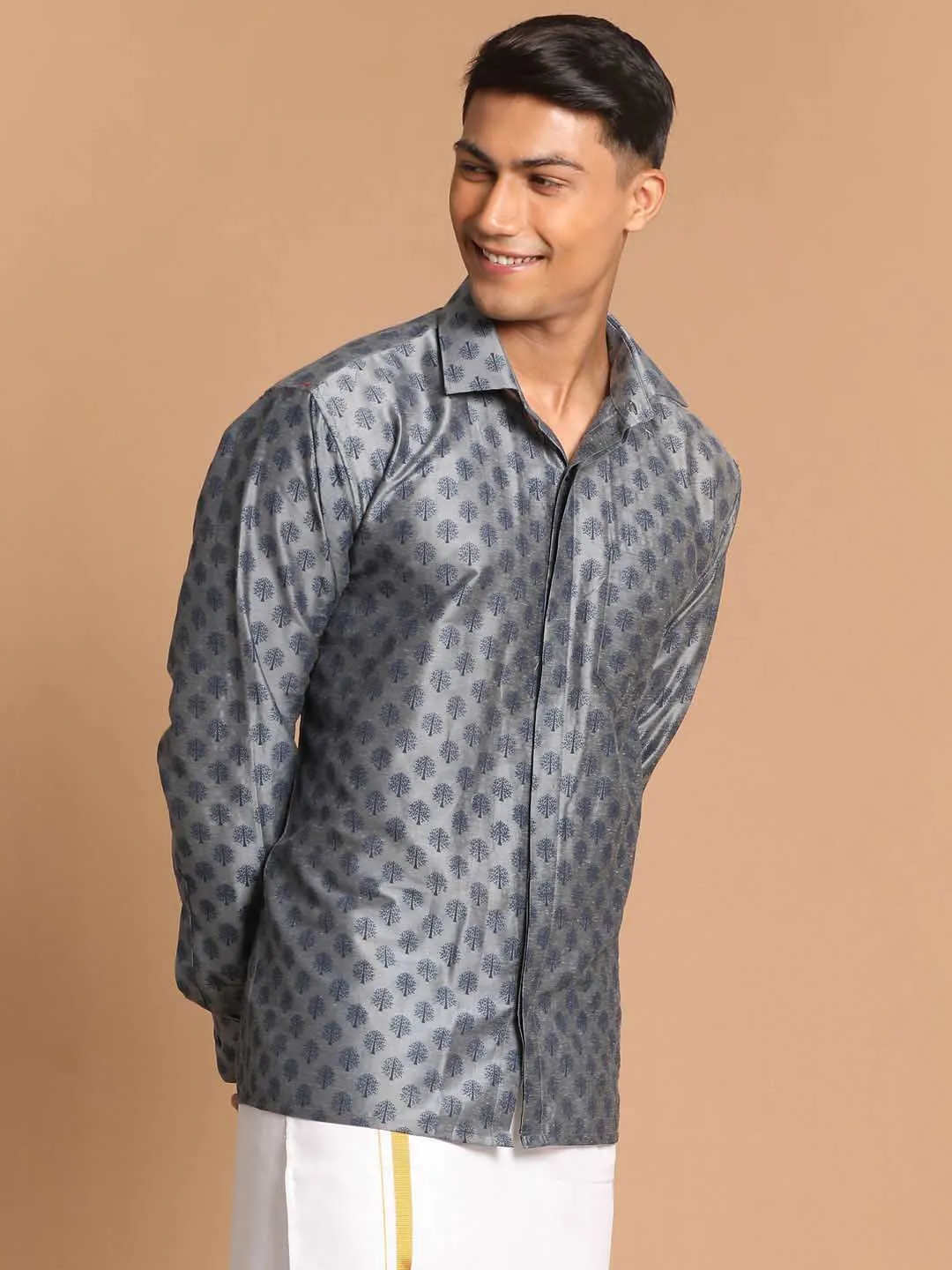 VASTRAMAY Men's Gray Silk Blend Printed Shirt
