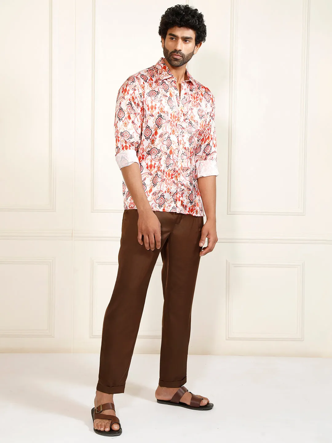 VASTRAMAY Men's Multicolored-Base-Cream Satin Ethnic Shirt