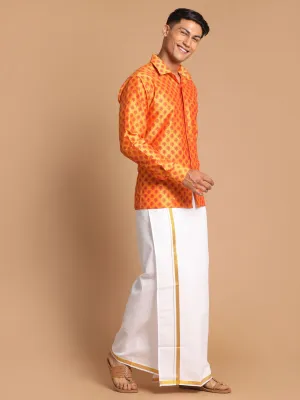 VASTRAMAY Men's Orange Silk Blend Printed Shirt And Mundu Set VASTRAMAY Men's Orange Silk Blend Printed Shirt And Mundu Set
