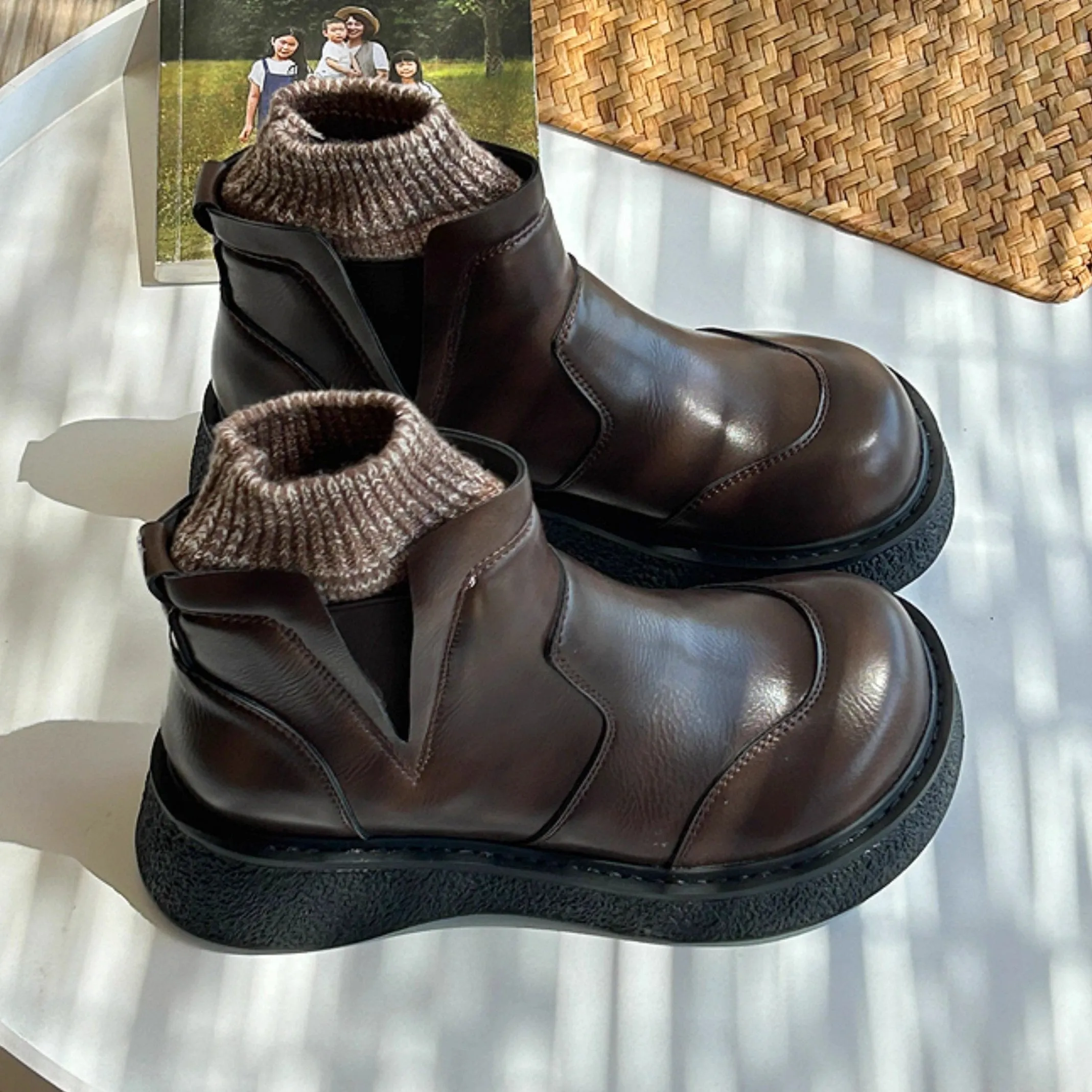 Women's Leather Boots Wide Toe Box Retro Splicing Platform Boots