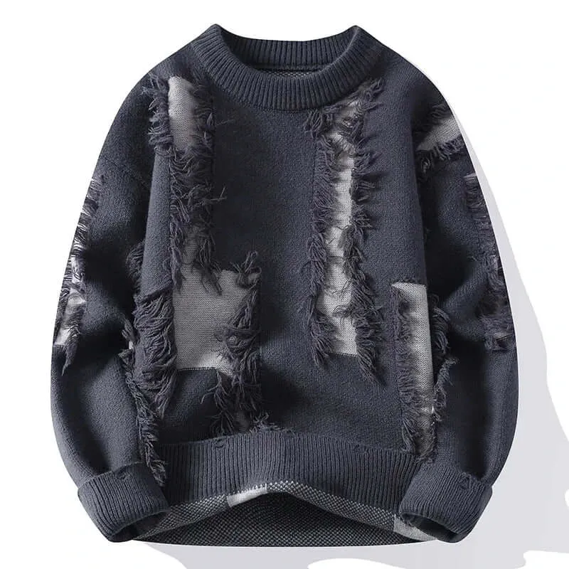 Women's Relaxed Fit Distressed Sweater with Knit Detailing