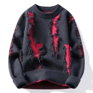 Women's Relaxed Fit Distressed Sweater with Knit Detailing