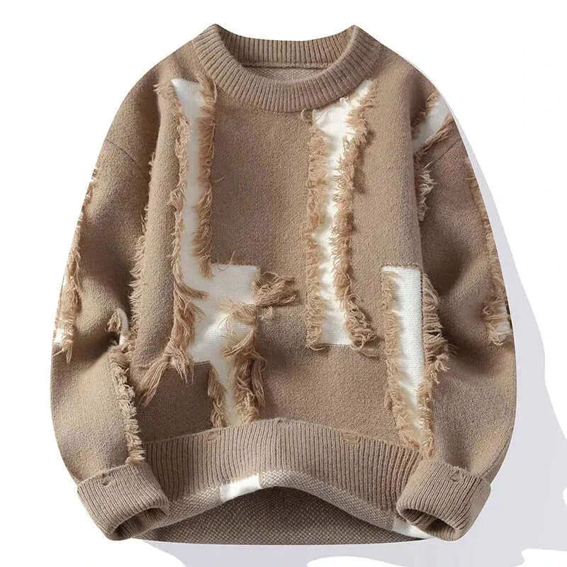 Women's Relaxed Fit Distressed Sweater with Knit Detailing
