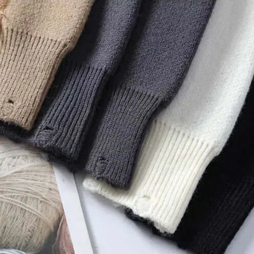 Women's Relaxed Fit Distressed Sweater with Knit Detailing