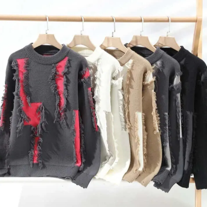 Women's Relaxed Fit Distressed Sweater with Knit Detailing